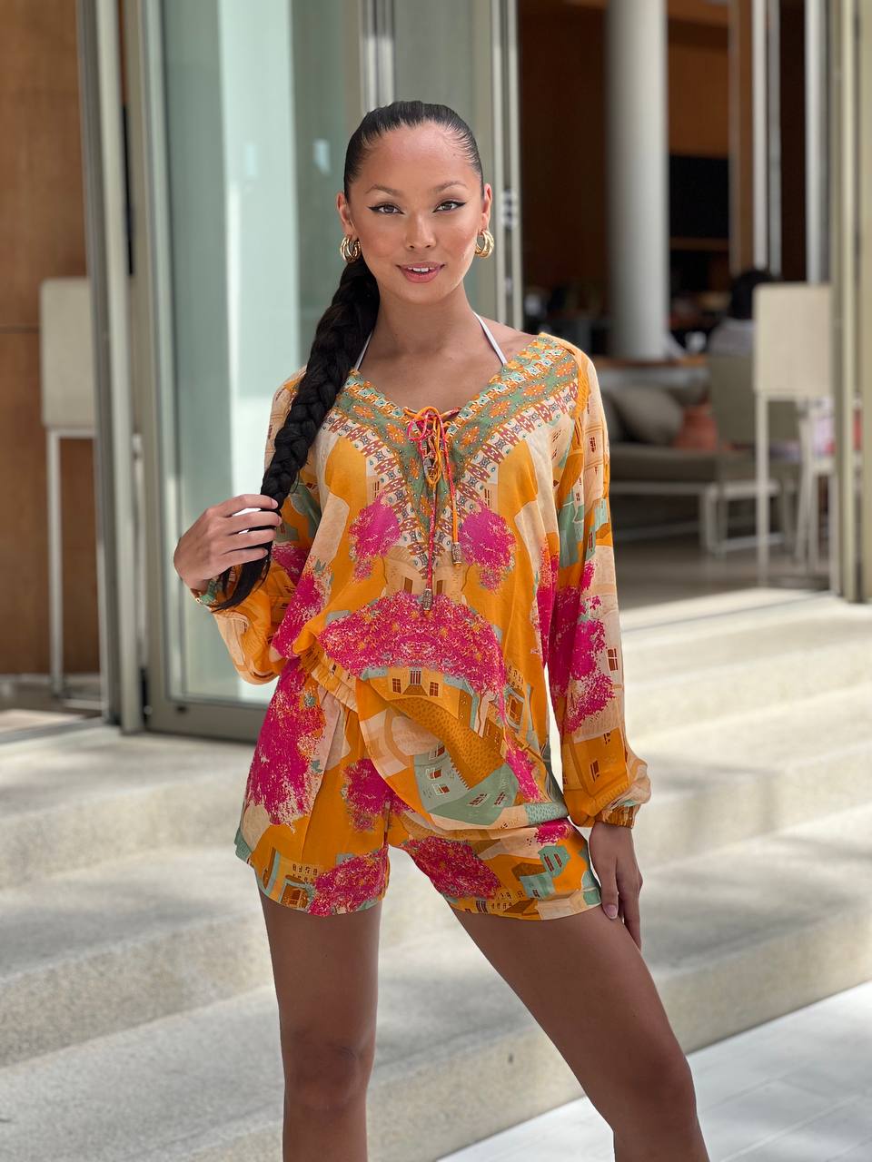 Greek Village Lace up Blouse - Resort Collection